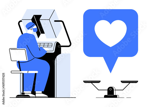 Man operating advanced computer with AI interface, heart in speech bubble representing empathy, scales below for balance. Ideal for technology, AI, healthcare, ethics, innovation, balance humanity