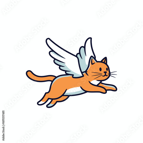 A cute cartoon ginger cat with white angelic wings, flying happily against a plain white background.