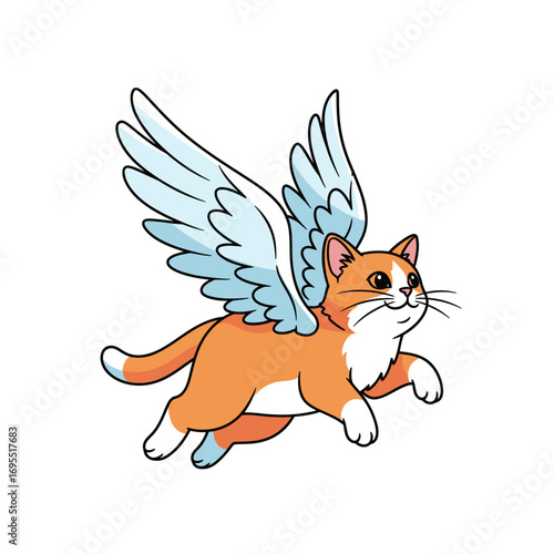 A cute cartoon ginger and white cat with light blue angel wings flying happily against a white background.