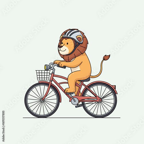 A cute cartoon lion wearing a helmet rides a bicycle with a basket on the front.