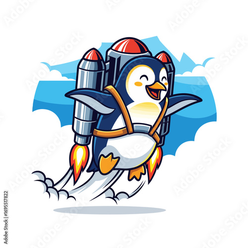 A happy penguin with rocket backpack soaring through the sky, a cartoon illustration.