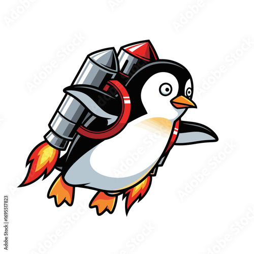 Penguin with a jetpack flying through the air with flames coming out of the rockets.