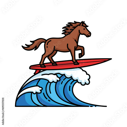 A cartoon illustration of a brown horse confidently surfing on a red surfboard on a big blue ocean wave.