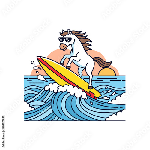 A cool horse wearing sunglasses surfs on a wave at sunset.
