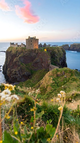 Coastal castle at sunset, perched on dramatic cliffs