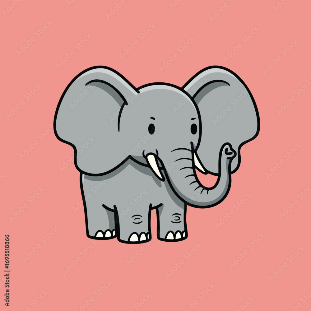 Fototapeta premium Cartoon illustration of a cute elephant with large ears and a curled trunk, standing on a pink background.