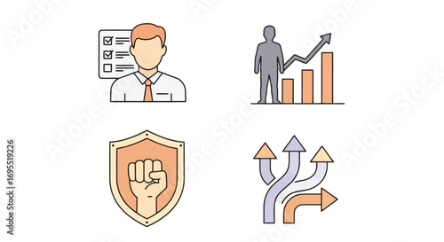 Vector illustration of business icons showing checklist, growth chart, fist in shield, and diverging arrows