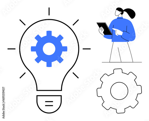 Abstract lightbulb with a gear inside, symbolizing innovation. Woman holding tablet suggests strategy and analysis. Ideal for technology, creativity, business, innovation, teamwork, solutions simple
