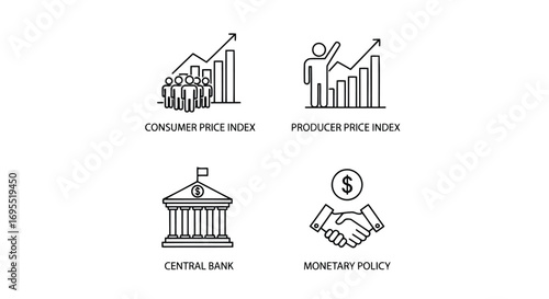 Vector illustration of set of four economic icons including consumer price index, producer price index, central bank, and monetary policy