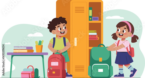 Kids at school, children with backpacks, happy students, classroom lockers, education learning, studying together, school supplies, cartoon characters, back to school