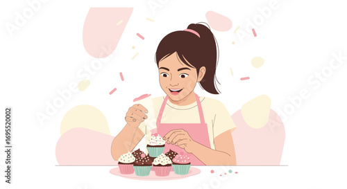 A girl decorating cupcakes with sprinkles creating a sweet dessert for everyone to eat happily