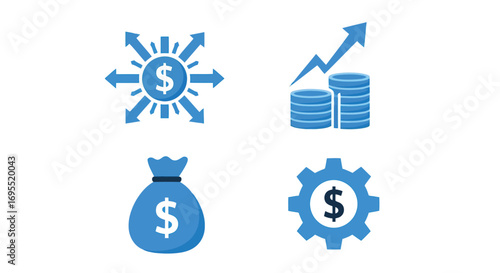 Vector illustration of blue finance and money icons money distribution, growing coins, money bag, and gear with dollar sign