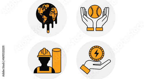 Vector illustration of set of four circular icons representing environmental issues, sports, construction, and energy