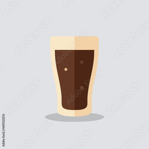 Illustration of a glass of dark soda with bubbles on a light gray background.