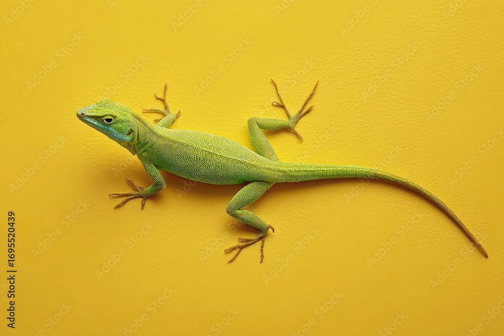 Naklejka premium Green lizard on vibrant yellow background