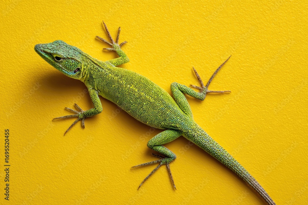 Fototapeta premium Green lizard on a bright yellow background