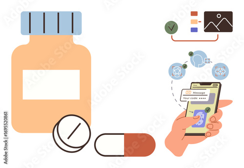 Medication bottle, pills, and hand holding smartphone with authentication code. Ideal for healthcare, technology, safety, pharmacy, app security telemedicine patient support. A simple flat metaphor