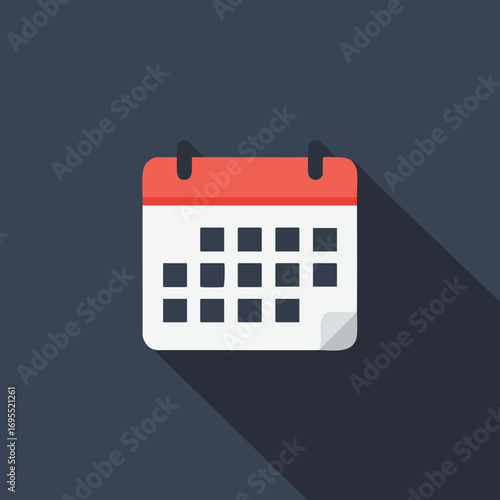 A minimalist flat design icon of a calendar with a red top and white pages casting a long shadow.