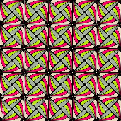 seamless geometric pattern, Abstract seamless pattern featuring teardrop-shaped elements in vibrant colors such as pink
