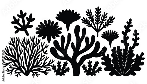Black Coral Silhouette Vector Set with Decorative Seaweed and Marine Plants