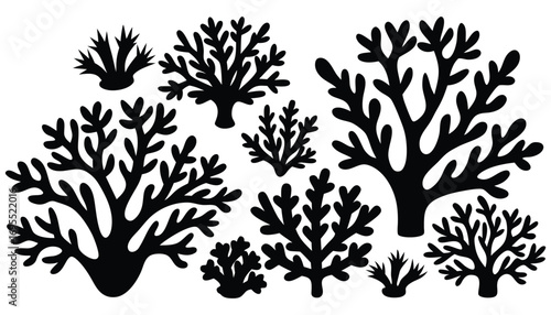 Black Coral Silhouette Vector Set with Decorative Seaweed Clipart