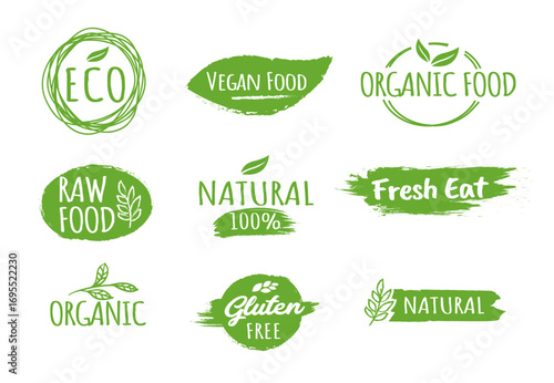 Bio Product Logo. Eco Emblems. Gluten Free Natural Product Labels. Vegan Green Bio Food
