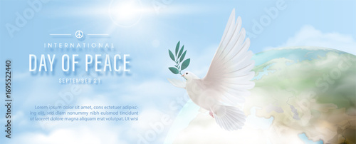 Poster illustration of International day of Peace in realistic style with white dove pace flying on global, fluffy clouds and wording of event, example texts on blue sky background.
