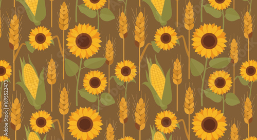 Autumn Harvest Seamless Pattern with Sunflowers Corn and Wheat on Brown Background