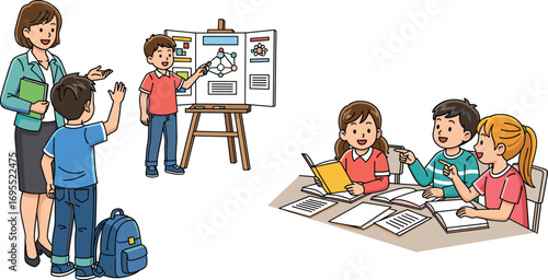 School classroom scene with teacher, children presentation, group study, teamwork learning, student project, education concept, happy kids, studying together illustration