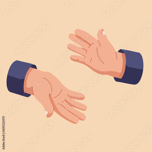 Two hands extending outwards, palms facing up, with blue sleeves against a beige background.