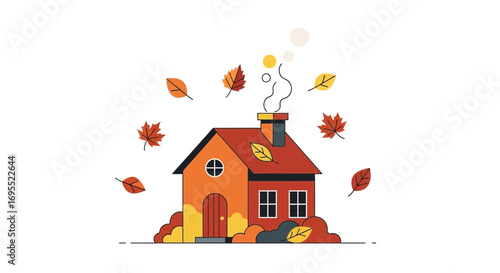 Cozy Autumn House Illustration with Smoke from Chimney and Falling Leaves