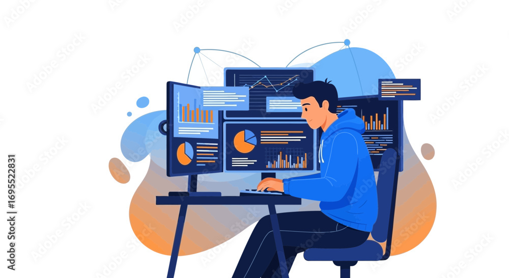 Naklejka premium Analyzing Data And Information: A Person Focused on Digital Charts and Graphs