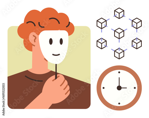 Individual holding a mask beside a blockchain network diagram and clock. Ideal for identity, anonymity, blockchain, technology, time management, digital security, personal privacy. Simple flat