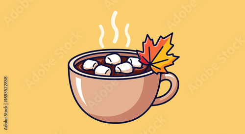 Cozy Hot Chocolate Mug with Marshmallows and Fall Leaf Illustration