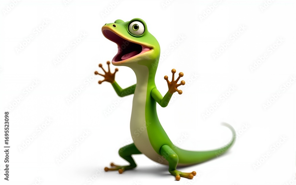 Naklejka premium Green Lizard Standing with Raised Paws and Open Mouth Screaming in Shock on White Background for Humorous Animal Portraits. High quality