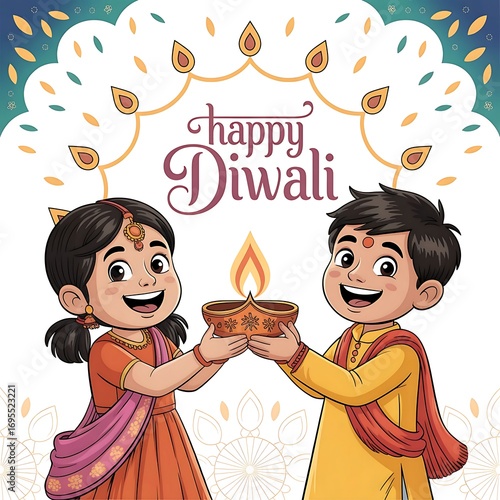 Joyful children celebrating Happy Diwali festival holding a lit diya, spreading light and cheer