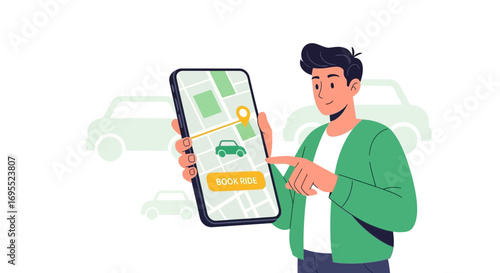 Booking a Ride: Man Using Smartphone App With Map for Transportation Services