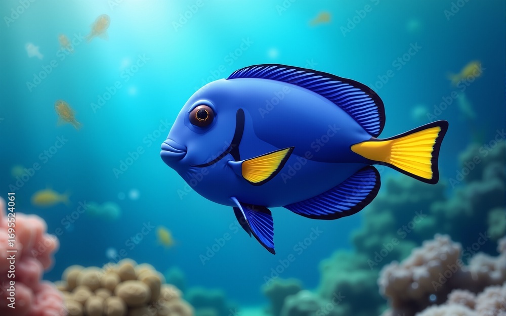 Naklejka premium Vibrant blue fish swimming gracefully in clear water on a sunny day in a coral reef habitat isolated on transparent background. High quality
