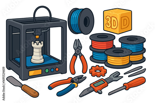 3D printing workshop collection. Additive manufacturing concept with a printer, filament spools, and tools. Prototyping technology for engineering. Vector cartoon icons set.