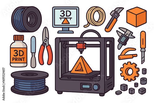 Cartoon vector set of 3D printing essentials. Additive manufacturing technology with printer, filament spools, tools, and components. Prototyping and engineering workshop.