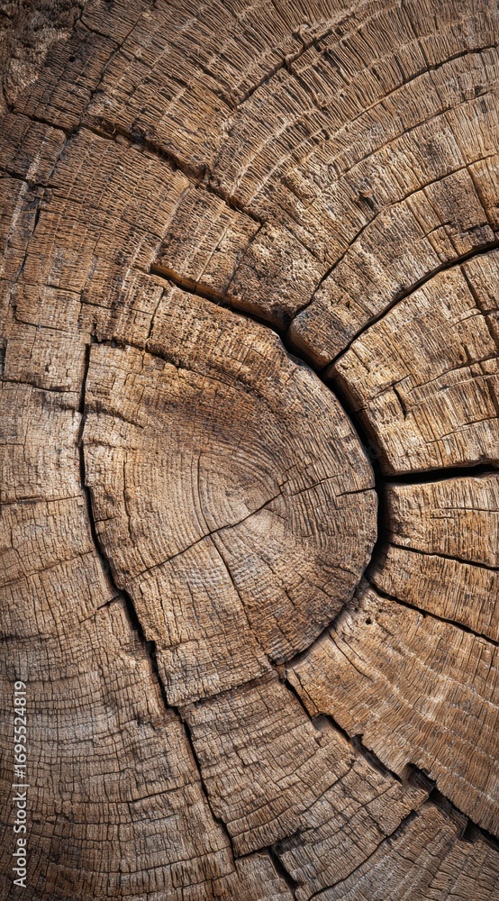 Fototapeta premium Aged tree cross-section shows rings, texture, and cracks, with a warm, brown color palette filling the frame