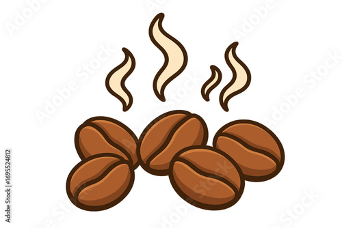 Roasted coffee beans with hot steam vector icon. Illustration for a cafe logo or menu design. Fresh aroma of espresso or cappuccino. Morning caffeine beverage concept.