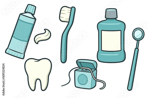 Dental care vector icon set. Oral hygiene routine items. Tooth, toothbrush, toothpaste, floss, mouthwash and dentist mirror. Cartoon illustration for health and dentistry.