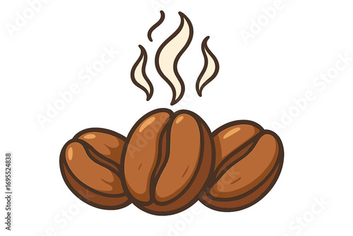 Roasted coffee beans with steam vector cartoon illustration. Hot fresh coffee for a cafe menu or logo. Morning energy and caffeine drink concept. Aroma of espresso or americano.