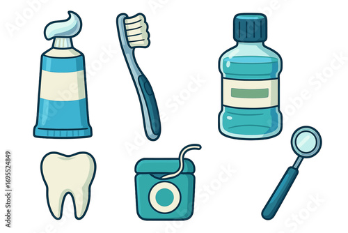 Dental care icon set for oral hygiene. Vector collection of toothbrush, toothpaste, floss, mouthwash, and dentist mirror. Teeth cleaning cartoon illustration for health.