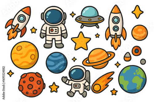Space icon collection cartoon vector set. Astronaut, rocket, planet, ufo and star element. Cute kid cosmos sticker pack. Astronomy science galaxy exploration graphic design.