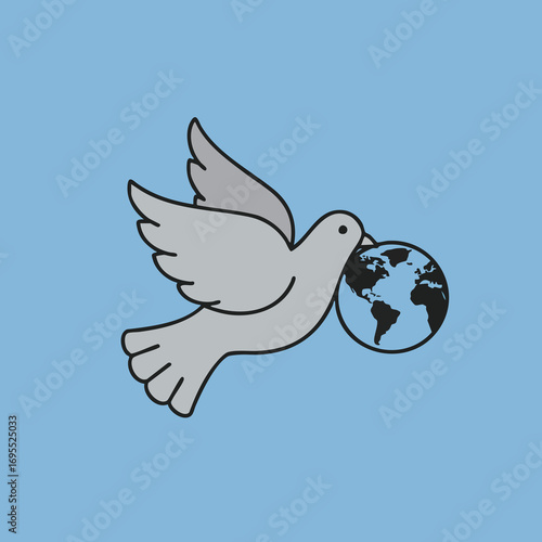 A stylized dove with outstretched wings carries the Earth in its beak against a solid blue background.