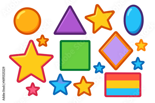 Vector set of colorful cartoon geometric shapes and stars. Isolated game assets or sticker icons for creative projects. Basic figures like circle, square, and triangle.