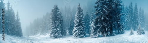 Panoramic view of snow-covered coniferous forest, shrouded in ethereal mist, displaying serene winter landscape with soft blue tones