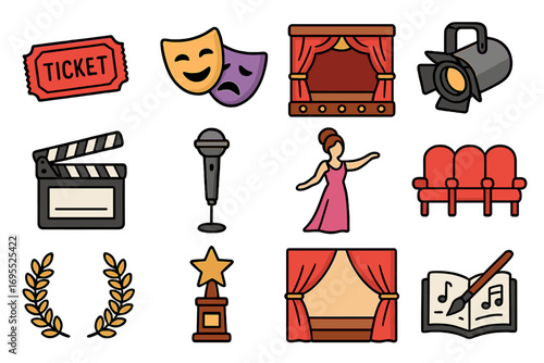 Theater and cinema icon set. Entertainment and performance arts collection. Vector symbols for stage, movie, opera. Ticket, mask, clapperboard, award, spotlight, microphone.